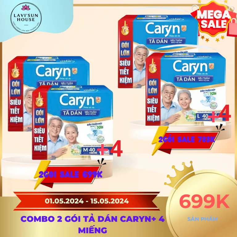 (COMBO 2GÓI )Tã Dán Caryn Siêu Thấm Hút,Size M40/ L40/XL20 Miếng,Chống tràn,mềm mại,dùng ngày và đêm