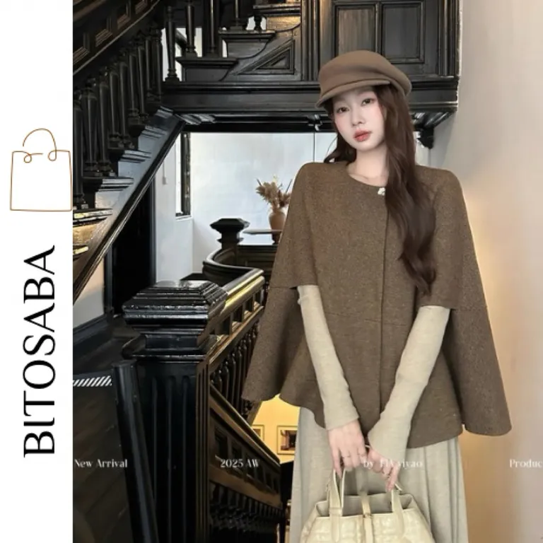 Áo khoác dạ dáng cape không tay nâu vintage( ADK0088)