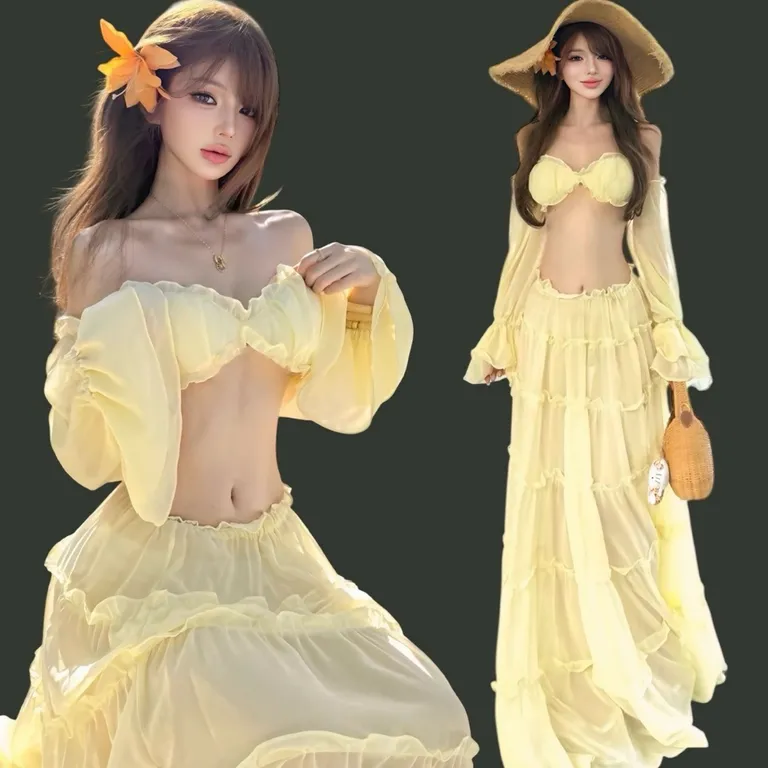 ( Loại 1 ) Set 3 Món Áo Tay Phồng + Quần Bikini + Chân Váy Dài Đi Biển Cao Cấp - 614