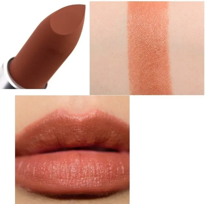 Son MAC Powder Kiss màu Impulsive tông nâu ấm trên nền trắng