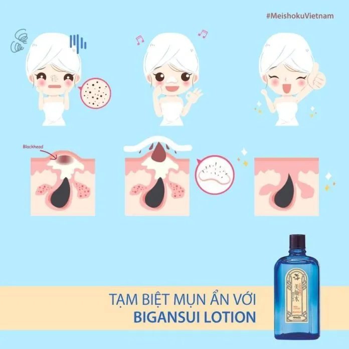 Meishoku Bigansui lotion được dùng bằng bông tẩy trang thấm và lau nhẹ toàn mặt hoặc chấm trực tiếp lên nốt mụn cho da nhạy cảm