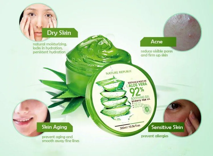 Nature Republic Aloe Vera 92% Soothing Gel hũ nhựa xanh 300ml nắp nhựa trắng ngăn cách gel vệ sinh